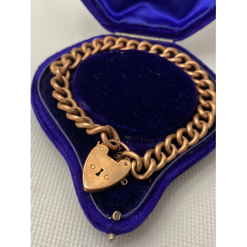 71 - Antique 9ct gold bracelet with heart locket, hand engraved EJ 25.12.21, approx weight 28g with  box