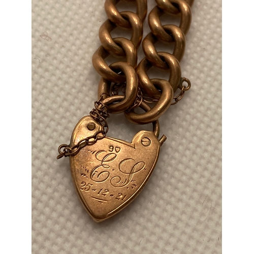 71 - Antique 9ct gold bracelet with heart locket, hand engraved EJ 25.12.21, approx weight 28g with  box