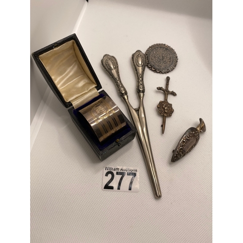 277 - Silver napkin ring hallmarked Chester in box, vintage glove stretchers with silver handle, posy pin ... 