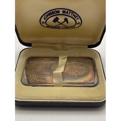 287 - A Johnson & Mathey 100 grammes 999 fine silver bullion (504182) in original box