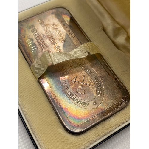 287 - A Johnson & Mathey 100 grammes 999 fine silver bullion (504182) in original box