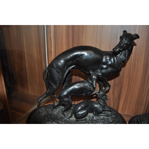 1 - Two spelter figures in the form of  greyhounds on ebonised bases, A/F