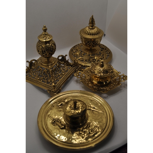 118 - Four vintage brass ink stands with embossed designs A/F