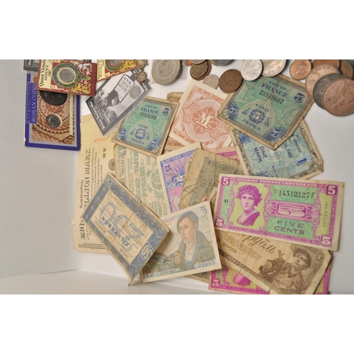 196 - A mixture of coins and notes from around the world, some silver and reproductions