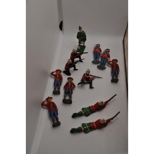 245 - Diecast military British guardsman In parade dress, guards on sentry duty, bandsman, Canadian and ot... 