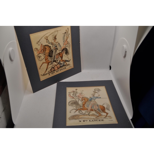 41 - Military hand coloured engravings, comprising A 15th Hussar and A 9th Lancer together with a vintage... 