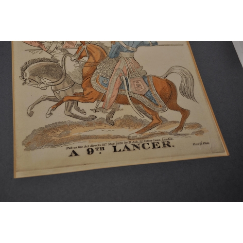 41 - Military hand coloured engravings, comprising A 15th Hussar and A 9th Lancer together with a vintage... 