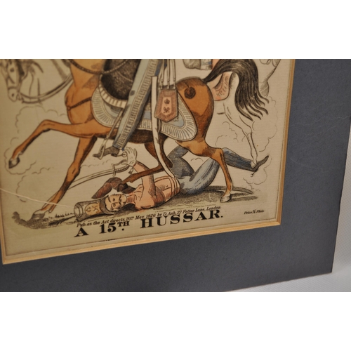 41 - Military hand coloured engravings, comprising A 15th Hussar and A 9th Lancer together with a vintage... 