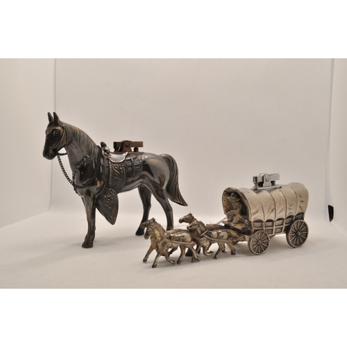 58 - Ronson cream Varaflame in box, Mosda streamline lighter case, table top lighter of horses and wagon ... 