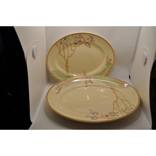 89 - Clarice Cliff ‘art deco’ oval serving plates with hand painted Chippendale design (x2 plates)