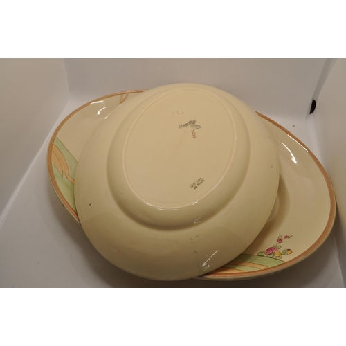 89 - Clarice Cliff ‘art deco’ oval serving plates with hand painted Chippendale design (x2 plates)