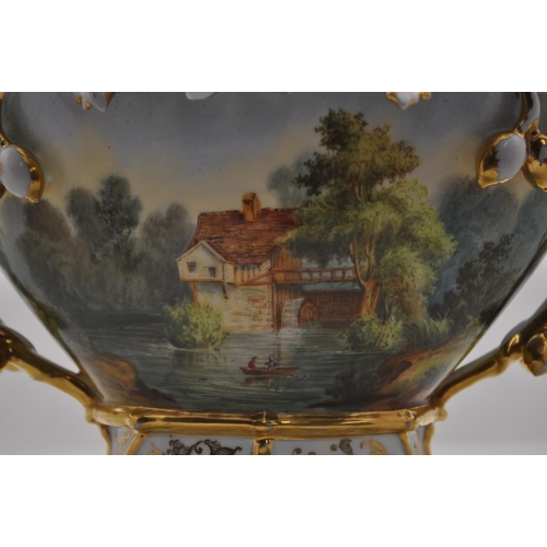 95 - Continental hand painted centre piece depicting rural scenes and gold gild detailing, measuring appr... 