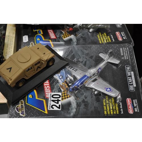 240 - A collection of military themed models of varying scales to include x1 tank, x3 airplanes and x10 ot... 