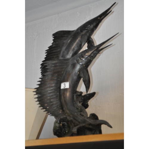 3 - Striking cast bronzed sail fish sculpture on base.
Height approx 68cm, maximum width approx 44cm. Ve... 