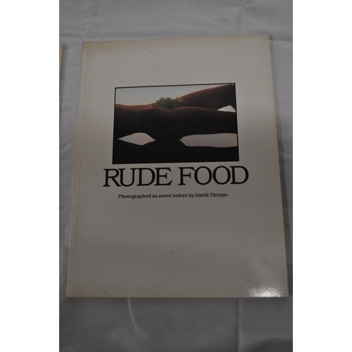 31 - Three books by David Thorpe, Rude food 1st edition 1978, Vin rude 1980, and Rude Health 1981 togethe... 