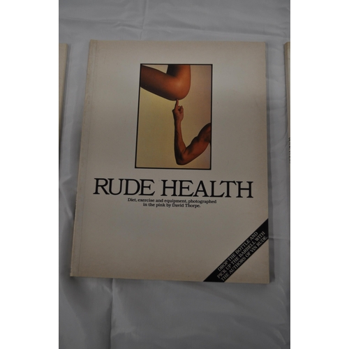 31 - Three books by David Thorpe, Rude food 1st edition 1978, Vin rude 1980, and Rude Health 1981 togethe... 