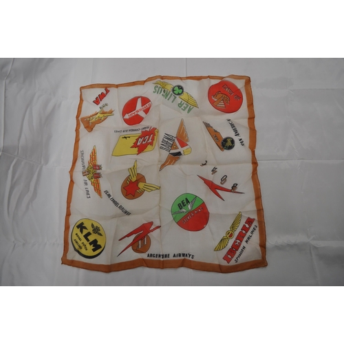 35 - A vintage hand stitched silk handkerchief with different airlines, including Swissair, Argentine air... 