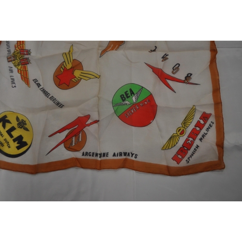 35 - A vintage hand stitched silk handkerchief with different airlines, including Swissair, Argentine air... 