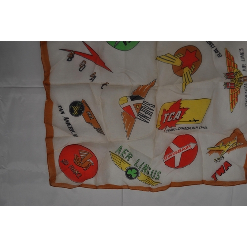 35 - A vintage hand stitched silk handkerchief with different airlines, including Swissair, Argentine air... 