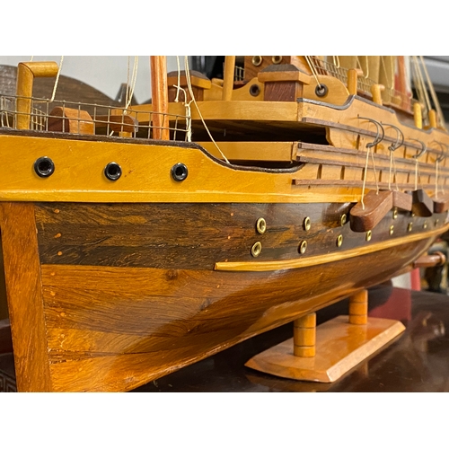 139 - Scratch built wooden steam ship.  Max length approx 82cm x 45cm high. Measurements include base and ... 