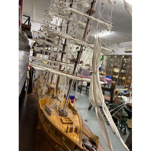 140 - Vintage scratch build tall sailing ship. Max length approx 59 inches x 41 inches high. Measurements ... 