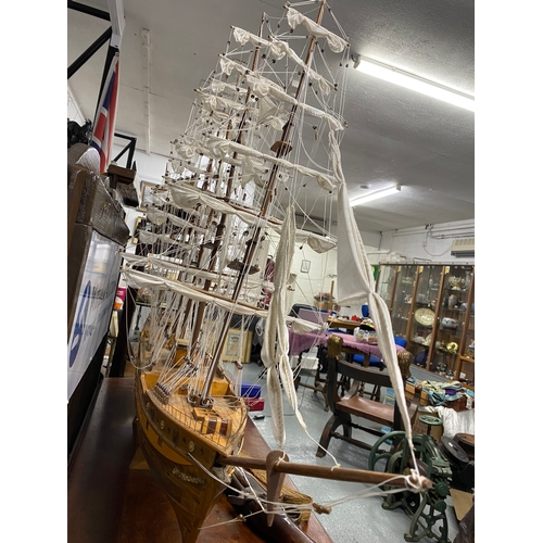 140 - Vintage scratch build tall sailing ship. Max length approx 59 inches x 41 inches high. Measurements ... 