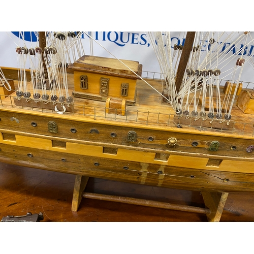 140 - Vintage scratch build tall sailing ship. Max length approx 59 inches x 41 inches high. Measurements ... 