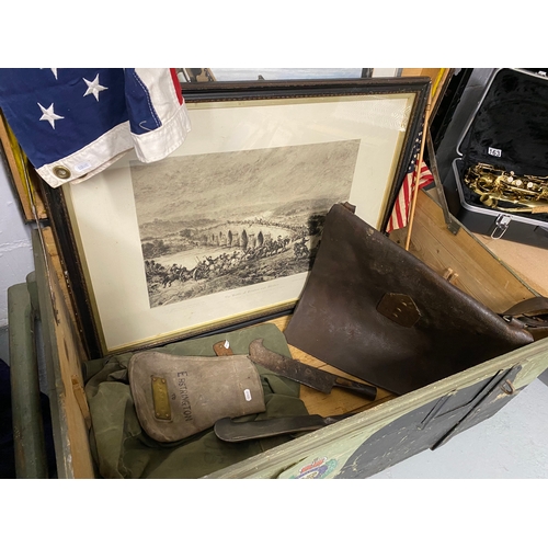 142 - A military style wooden trunk containing military ephemera including American stars and stripe flag ... 