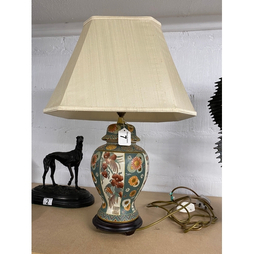 7 - Ceramic table lamp with oriental marks, complete with shade, not tested