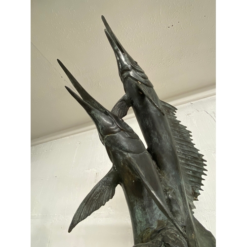 3 - Striking cast bronzed sail fish sculpture on base.
Height approx 68cm, maximum width approx 44cm. Ve... 