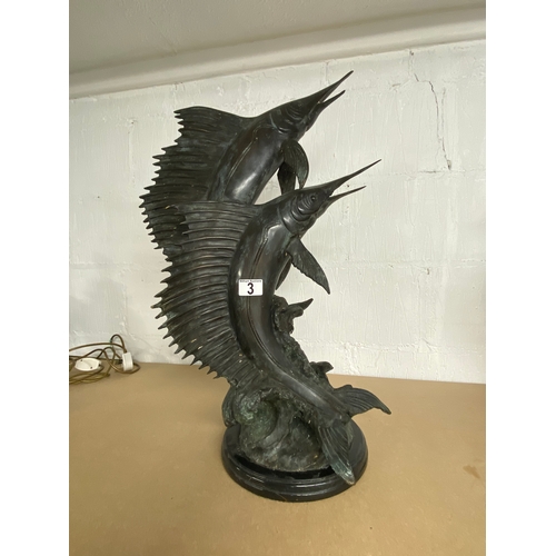 3 - Striking cast bronzed sail fish sculpture on base.
Height approx 68cm, maximum width approx 44cm. Ve... 