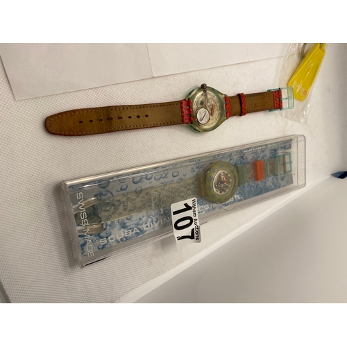 107 - Vintage Swatch watches -  Scuba 200 (jelly bubbles) together with one other Scuba watch and keytag