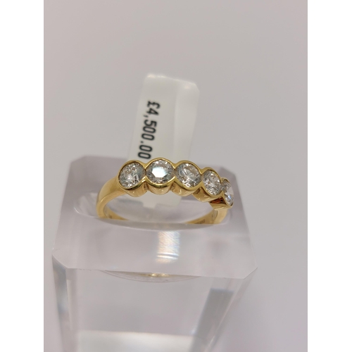 13 - 18ct yellow gold five stone diamond ring, approx 1.40cts, approx sizde O