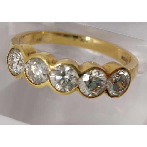 13 - 18ct yellow gold five stone diamond ring, approx 1.40cts, approx sizde O