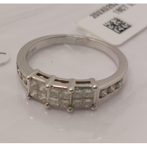 19 - 18ct white gold diamond ring, approx 0.70cts, square cut central stones set into three tiered centra... 