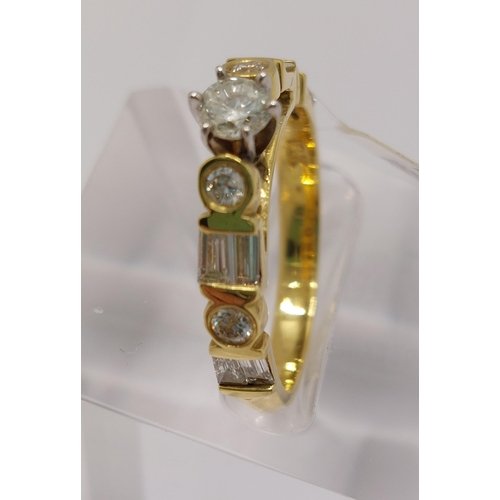 2 - 18ct yellow gold and diamond ring, mix of rectangular and round cut stones approx   1.18ct, size O, ... 