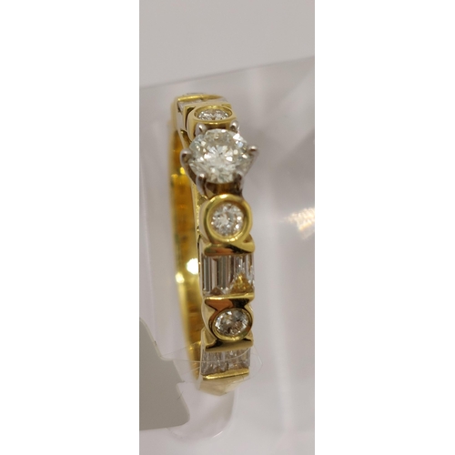 2 - 18ct yellow gold and diamond ring, mix of rectangular and round cut stones approx   1.18ct, size O, ... 