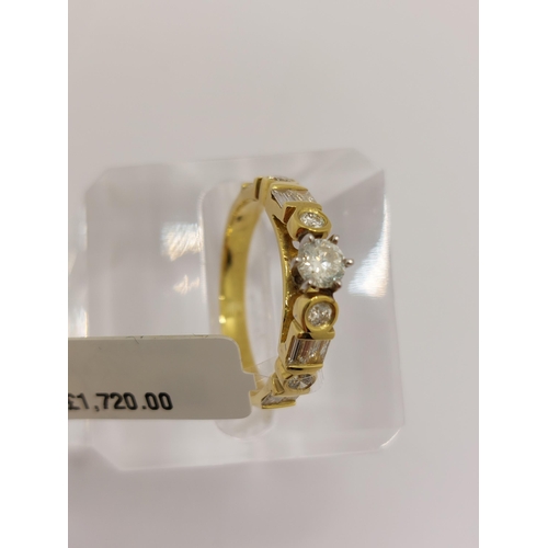 2 - 18ct yellow gold and diamond ring, mix of rectangular and round cut stones approx   1.18ct, size O, ... 