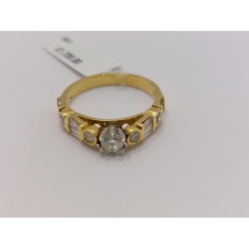 2 - 18ct yellow gold and diamond ring, mix of rectangular and round cut stones approx   1.18ct, size O, ... 