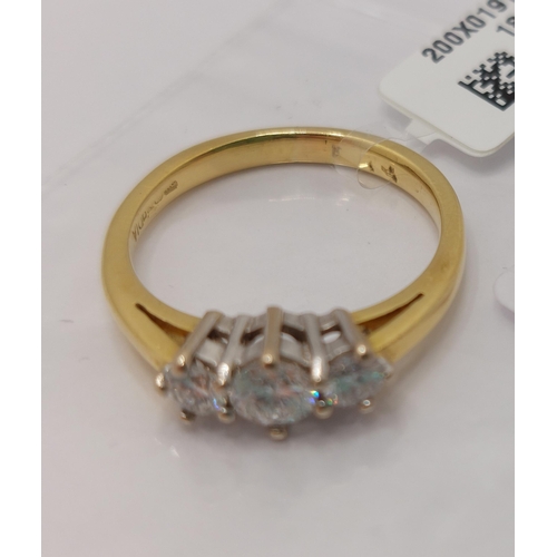 23 - 18ct yellow gold diamond trilogy ring,  approx .55ct, approx size M, marked 750 DIA