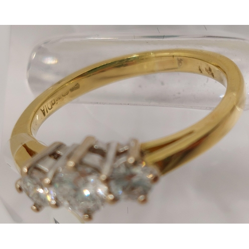 23 - 18ct yellow gold diamond trilogy ring,  approx .55ct, approx size M, marked 750 DIA