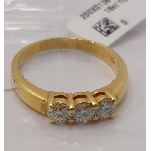 30 - An 18ct yellow gold diamond trilogy ring, approx 0.75cts, stamped 750, approx size N