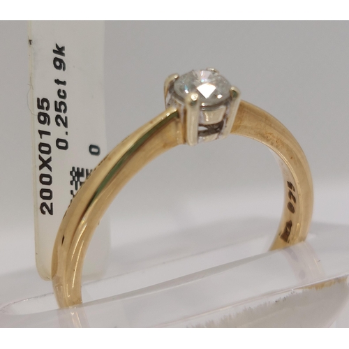 4 - 9ct yellow gold diamond solitaire ring 0.25cts, hallmarked 375. Approx size N