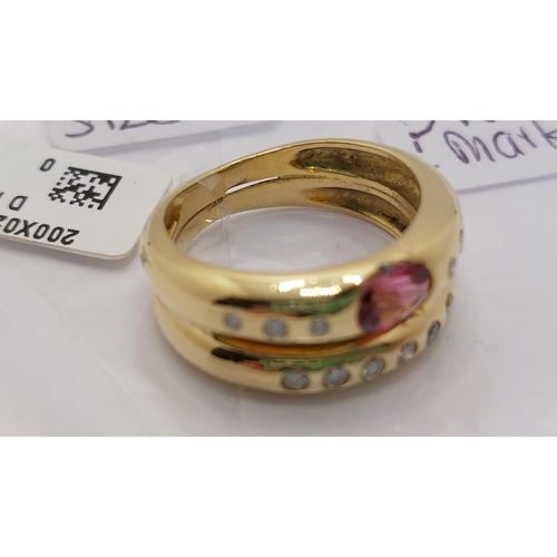 6 - 18ct yellow gold diamond ring with double row deign, with oval pink stone, approx  size I/J, Tested ... 