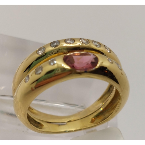 6 - 18ct yellow gold diamond ring with double row deign, with oval pink stone, approx  size I/J, Tested ... 