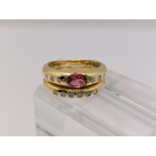 6 - 18ct yellow gold diamond ring with double row deign, with oval pink stone, approx  size I/J, Tested ... 