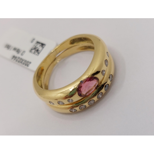 6 - 18ct yellow gold diamond ring with double row deign, with oval pink stone, approx  size I/J, Tested ... 