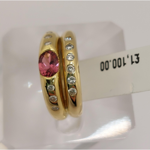 6 - 18ct yellow gold diamond ring with double row deign, with oval pink stone, approx  size I/J, Tested ... 