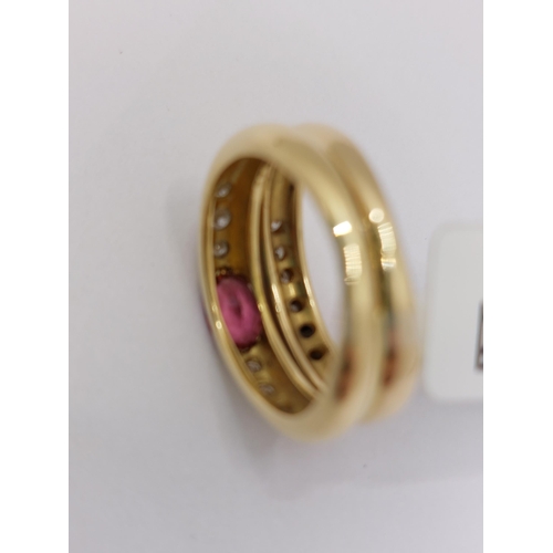 6 - 18ct yellow gold diamond ring with double row deign, with oval pink stone, approx  size I/J, Tested ... 