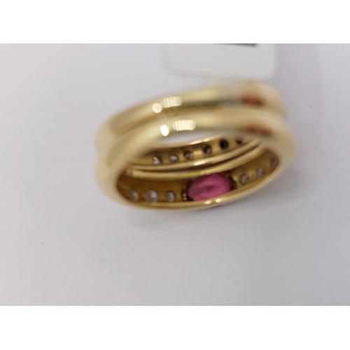 6 - 18ct yellow gold diamond ring with double row deign, with oval pink stone, approx  size I/J, Tested ... 